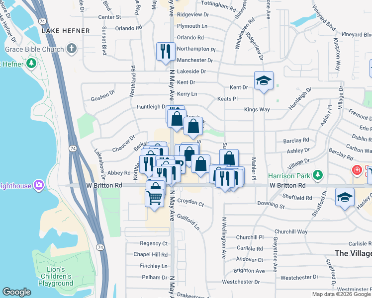 map of restaurants, bars, coffee shops, grocery stores, and more near 9658 North May Avenue in The Village