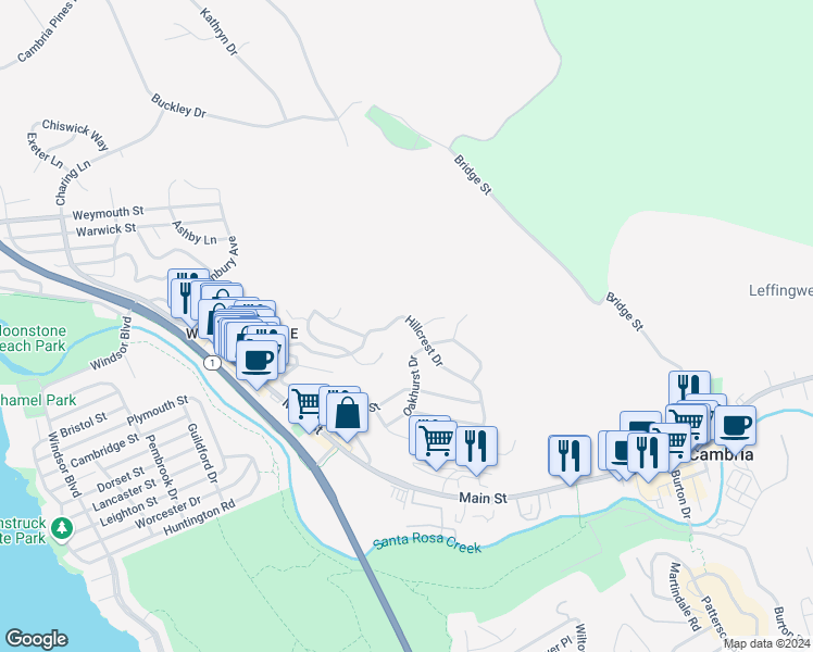 map of restaurants, bars, coffee shops, grocery stores, and more near 1086 Hillcrest Drive in Cambria
