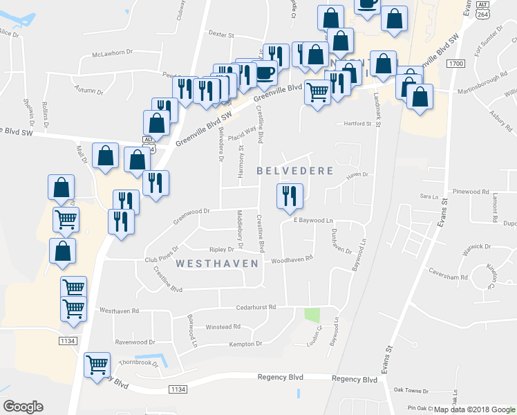 map of restaurants, bars, coffee shops, grocery stores, and more near 398 Crestline Boulevard in Greenville