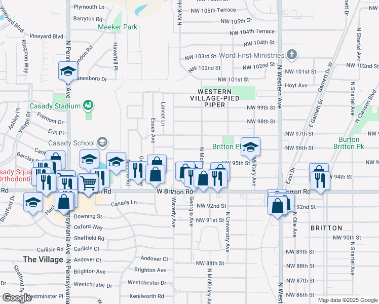 map of restaurants, bars, coffee shops, grocery stores, and more near 1420 Northwest 96th Street in Oklahoma City