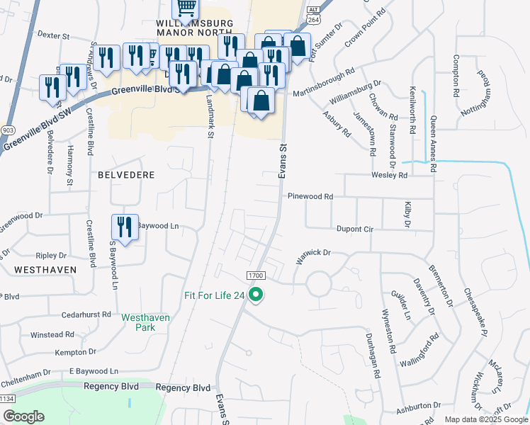 map of restaurants, bars, coffee shops, grocery stores, and more near 3414 Sara Lane in Greenville
