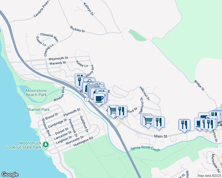 map of restaurants, bars, coffee shops, grocery stores, and more near 875 Hillcrest Drive in Cambria