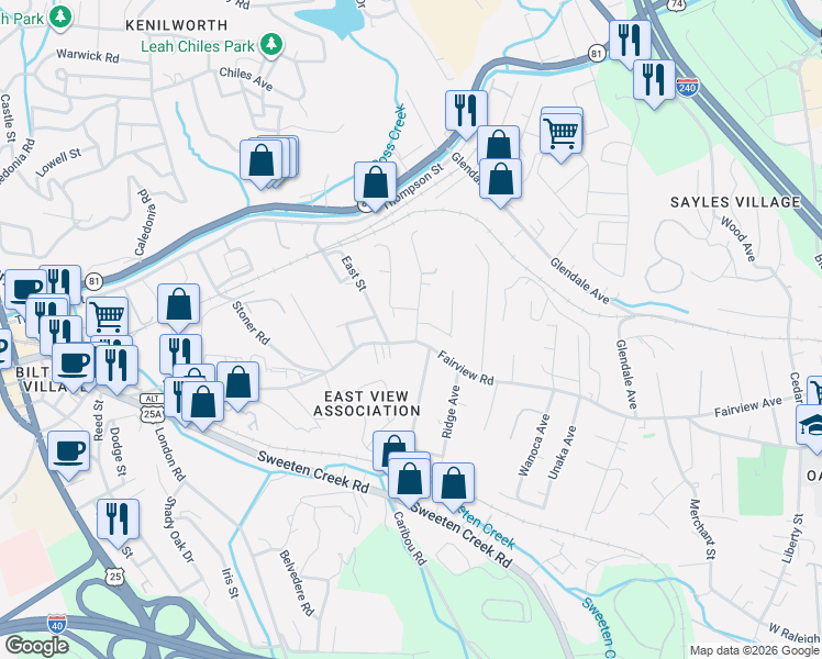 map of restaurants, bars, coffee shops, grocery stores, and more near 376 Fairview Road in Asheville