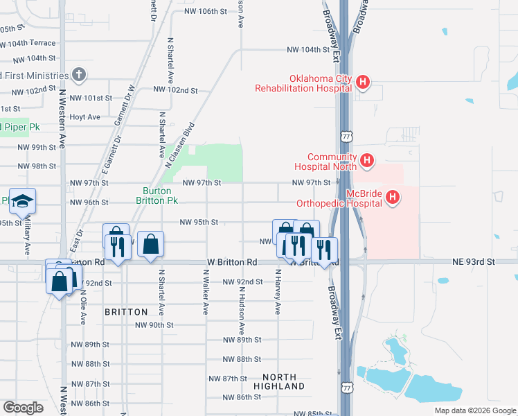 map of restaurants, bars, coffee shops, grocery stores, and more near 333 Northwest 95th Street in Oklahoma City