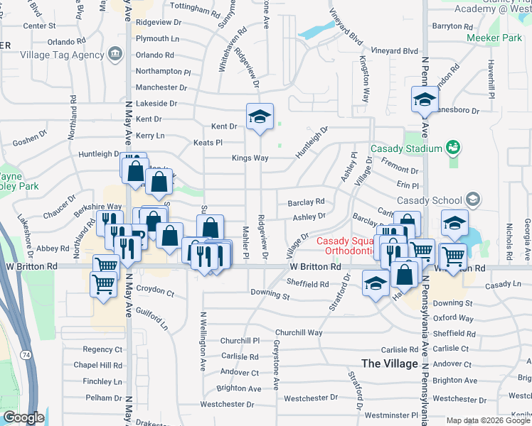 map of restaurants, bars, coffee shops, grocery stores, and more near 2501 Ashley Drive in The Village