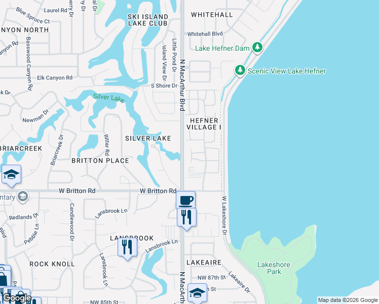 map of restaurants, bars, coffee shops, grocery stores, and more near 9733 Hefner Village Boulevard in Oklahoma City