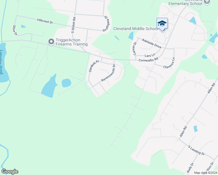 map of restaurants, bars, coffee shops, grocery stores, and more near 84 Rosslyn Way in Garner