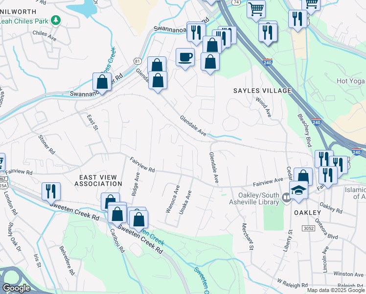 map of restaurants, bars, coffee shops, grocery stores, and more near 25 Crestview Street in Asheville