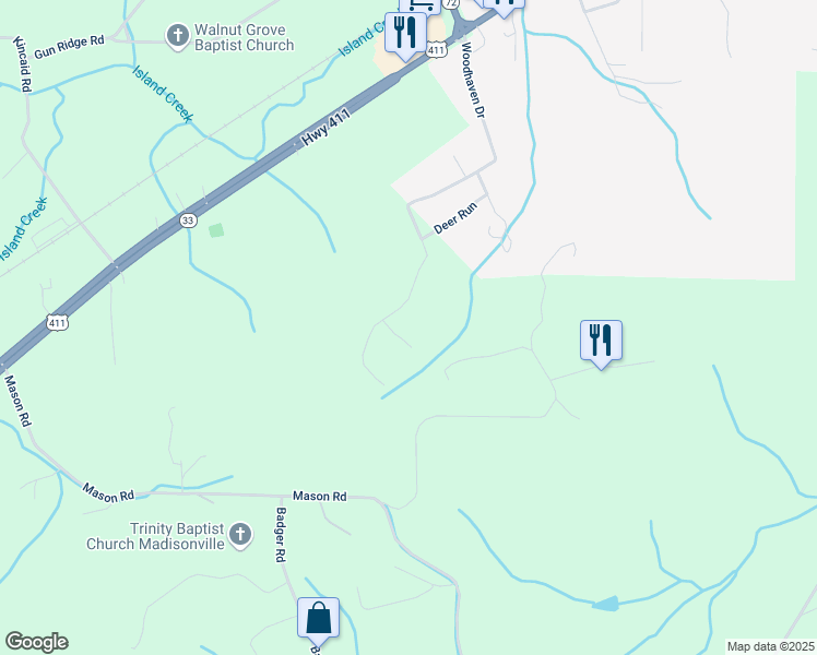 map of restaurants, bars, coffee shops, grocery stores, and more near 105 Coyote Circle in Vonore