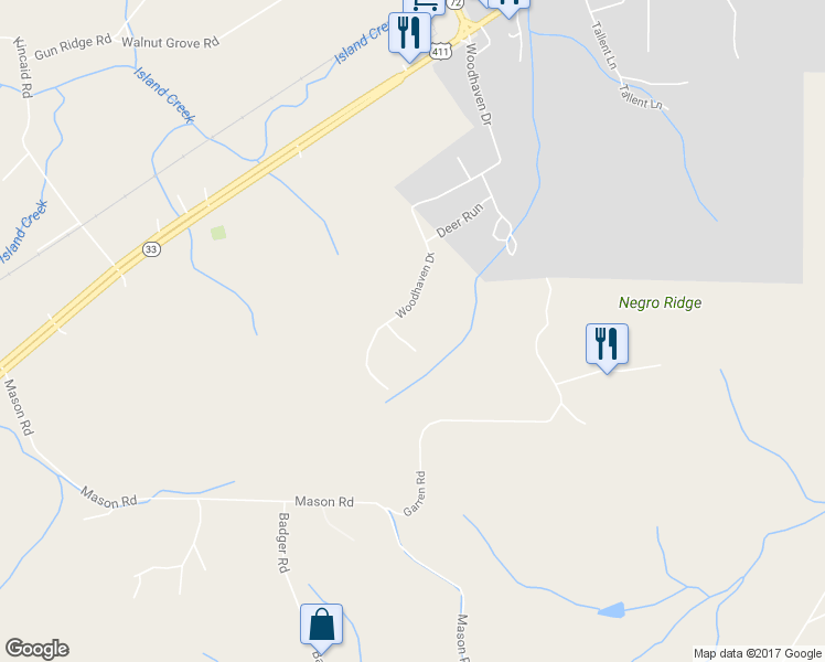 map of restaurants, bars, coffee shops, grocery stores, and more near 105 Coyote Circle in Vonore