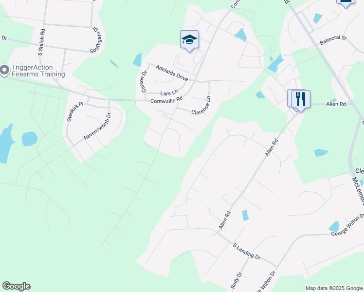 map of restaurants, bars, coffee shops, grocery stores, and more near 175 Park Place Drive in Garner