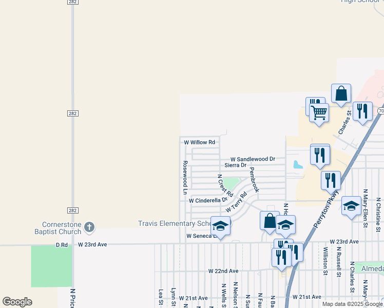map of restaurants, bars, coffee shops, grocery stores, and more near 1107 West Sandlewood Drive in Pampa