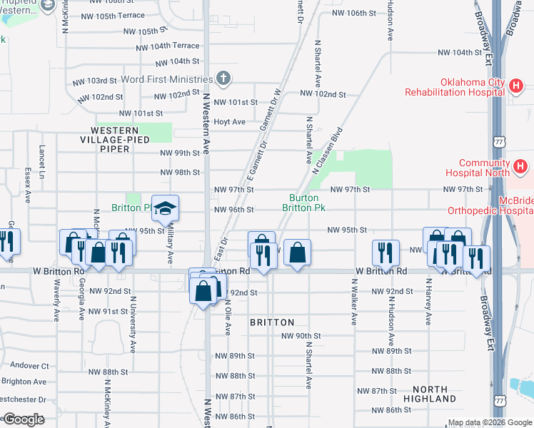 map of restaurants, bars, coffee shops, grocery stores, and more near 9611 North Shartel Avenue in Oklahoma City