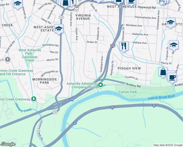 map of restaurants, bars, coffee shops, grocery stores, and more near 25 Brotherton Avenue in Asheville