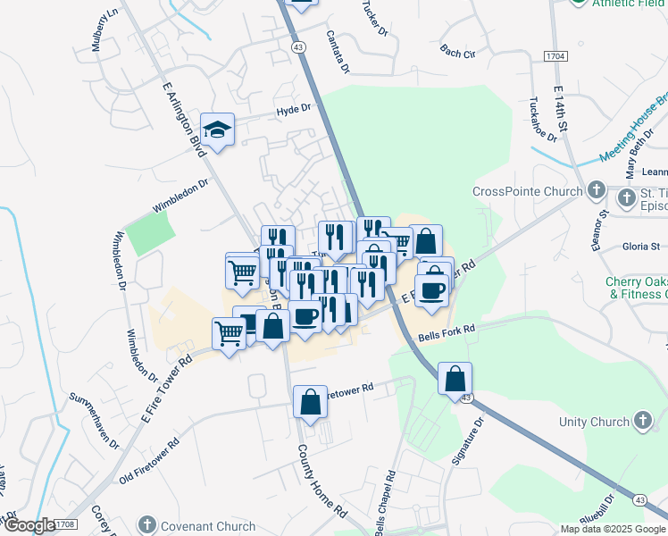 map of restaurants, bars, coffee shops, grocery stores, and more near 1914 Turnbury Drive in Greenville