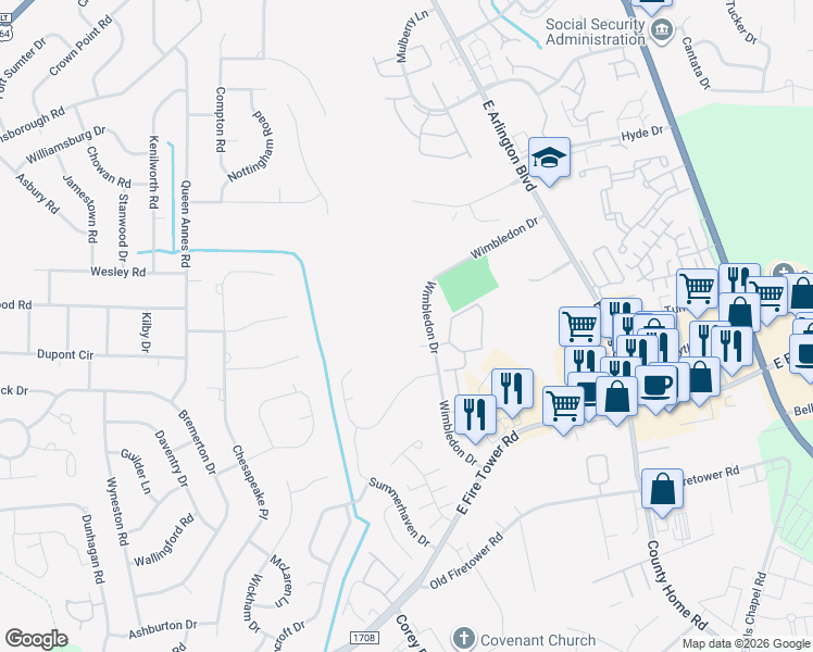 map of restaurants, bars, coffee shops, grocery stores, and more near 1655 Wimbledon Drive in Greenville