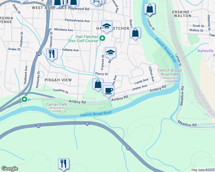 map of restaurants, bars, coffee shops, grocery stores, and more near 42 Lamb Avenue in Asheville
