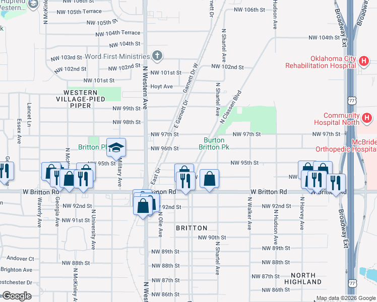 map of restaurants, bars, coffee shops, grocery stores, and more near 9611 North Shartel Avenue in Oklahoma City