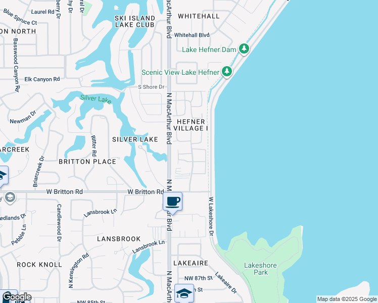 map of restaurants, bars, coffee shops, grocery stores, and more near 9714 Hefner Village Boulevard in Oklahoma City