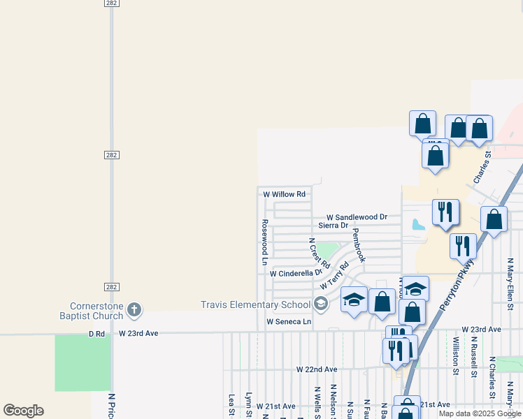 map of restaurants, bars, coffee shops, grocery stores, and more near 2900-2998 Rosewood Lane in Pampa