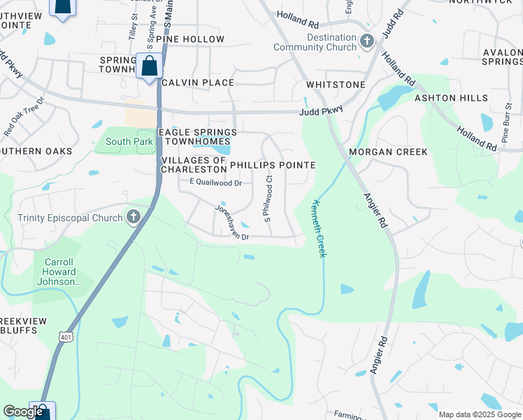 map of restaurants, bars, coffee shops, grocery stores, and more near 1044 South Philwood Court in Fuquay-Varina