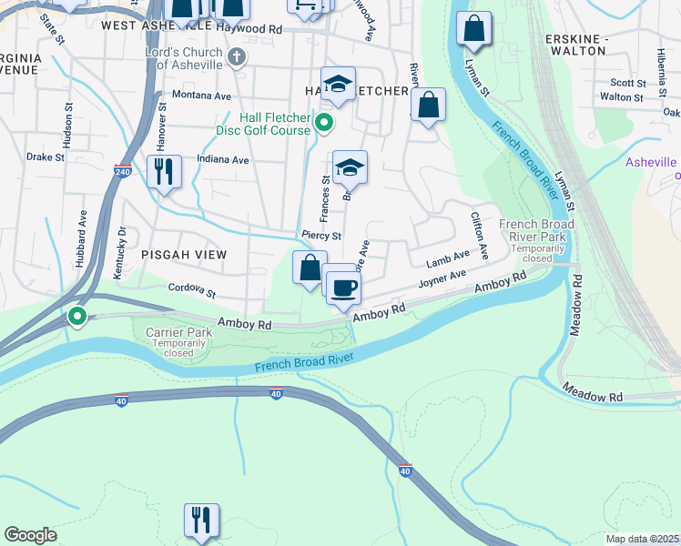 map of restaurants, bars, coffee shops, grocery stores, and more near 42 Lamb Avenue in Asheville