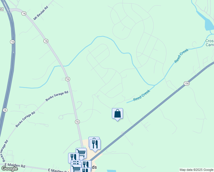 map of restaurants, bars, coffee shops, grocery stores, and more near 5682 Woebegone Trail in Maiden