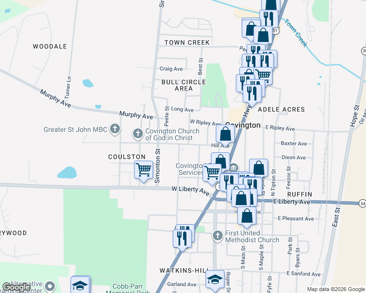 map of restaurants, bars, coffee shops, grocery stores, and more near 320 North High Street in Covington