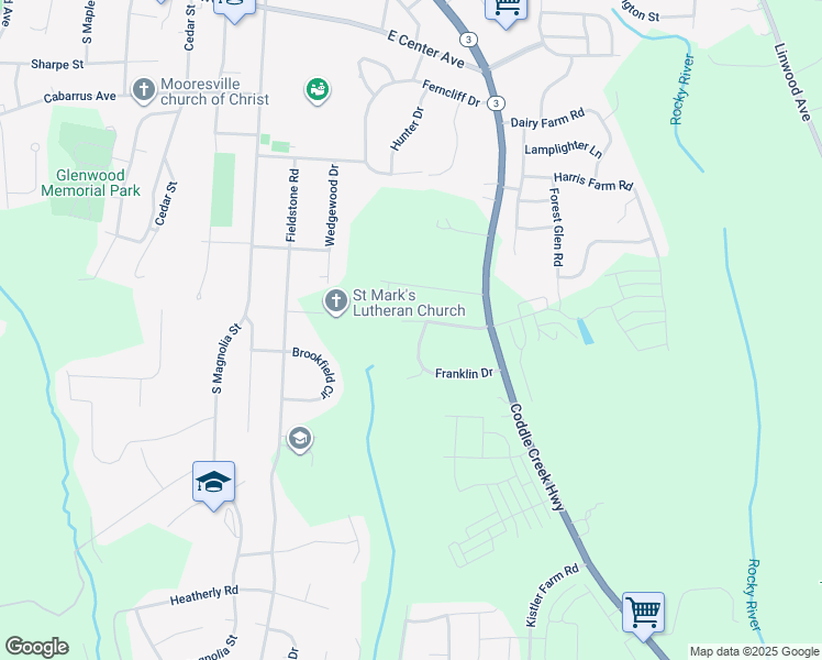 map of restaurants, bars, coffee shops, grocery stores, and more near 167 Franklin Drive in Mooresville