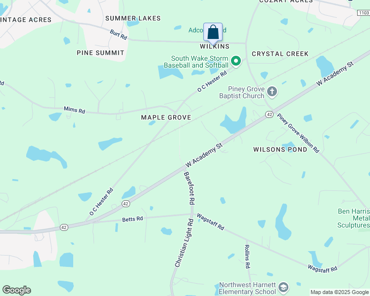 map of restaurants, bars, coffee shops, grocery stores, and more near 7712 Barefoot Road in Fuquay-Varina