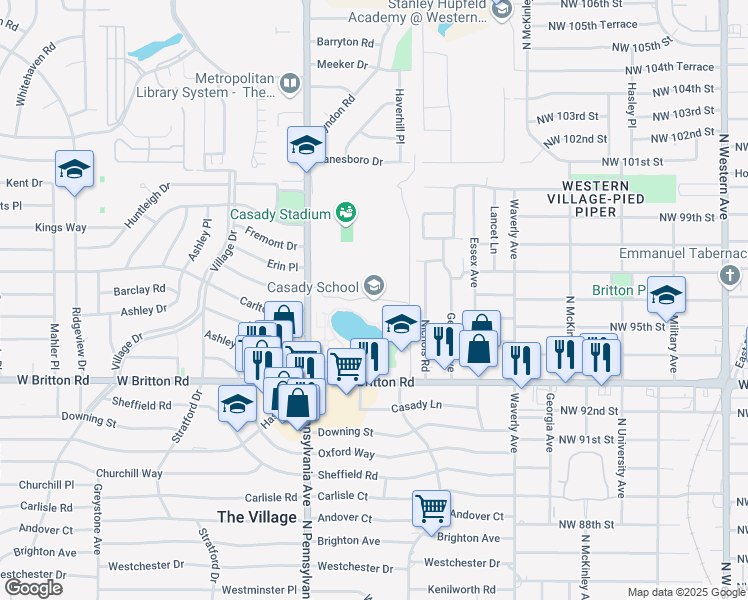 map of restaurants, bars, coffee shops, grocery stores, and more near 9500 North Pennsylvania Avenue in Oklahoma City