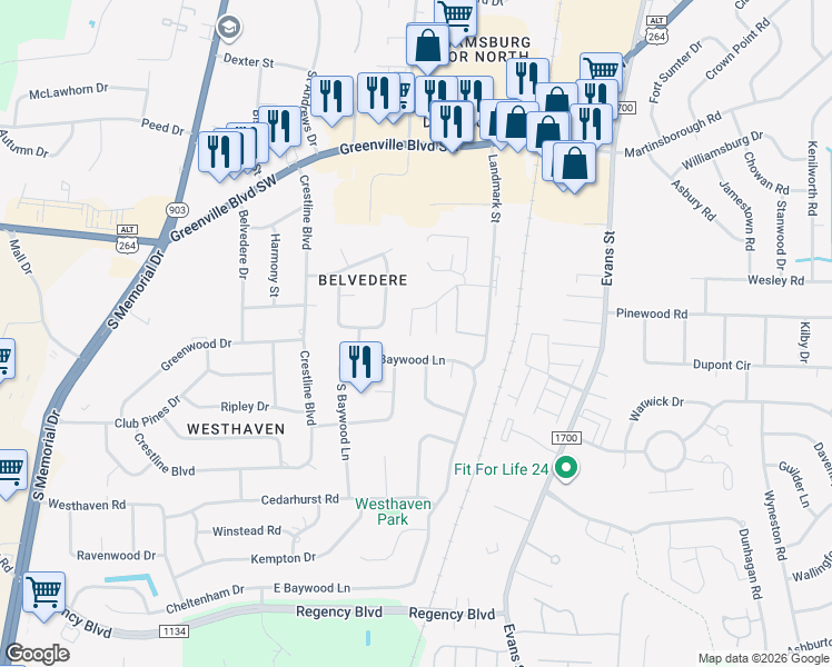 map of restaurants, bars, coffee shops, grocery stores, and more near 3101 East Baywood Lane in Greenville