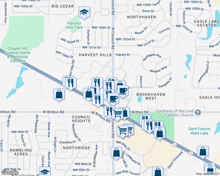 map of restaurants, bars, coffee shops, grocery stores, and more near 9604 North Council Road in Oklahoma City