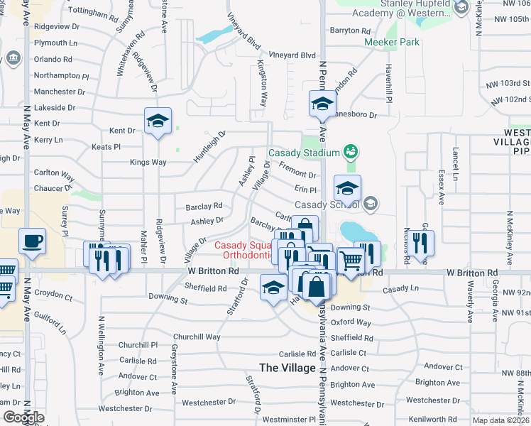 map of restaurants, bars, coffee shops, grocery stores, and more near 2231 Barclay Road in The Village