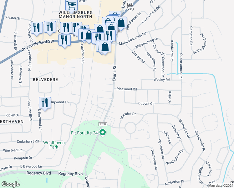 map of restaurants, bars, coffee shops, grocery stores, and more near 3301 Evans Street in Greenville