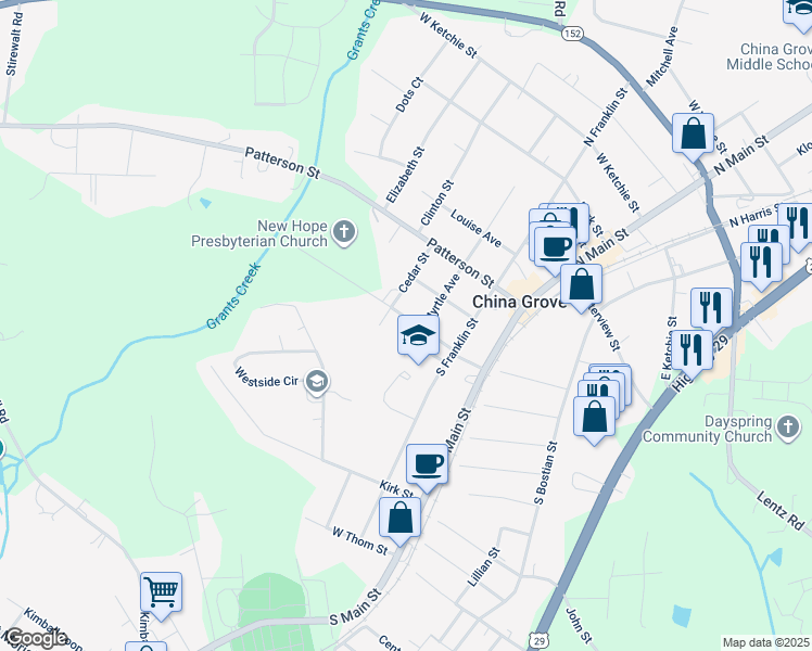 map of restaurants, bars, coffee shops, grocery stores, and more near 403 Stevens Street in China Grove