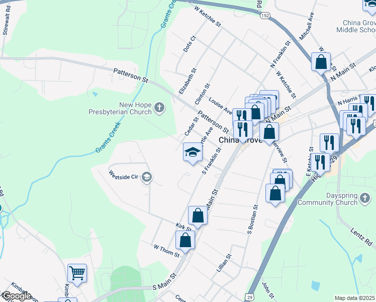 map of restaurants, bars, coffee shops, grocery stores, and more near 403 Stevens Street in China Grove