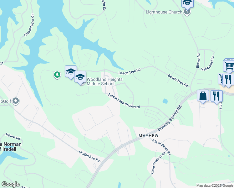 map of restaurants, bars, coffee shops, grocery stores, and more near 104 Swamp Rose Drive in Mooresville