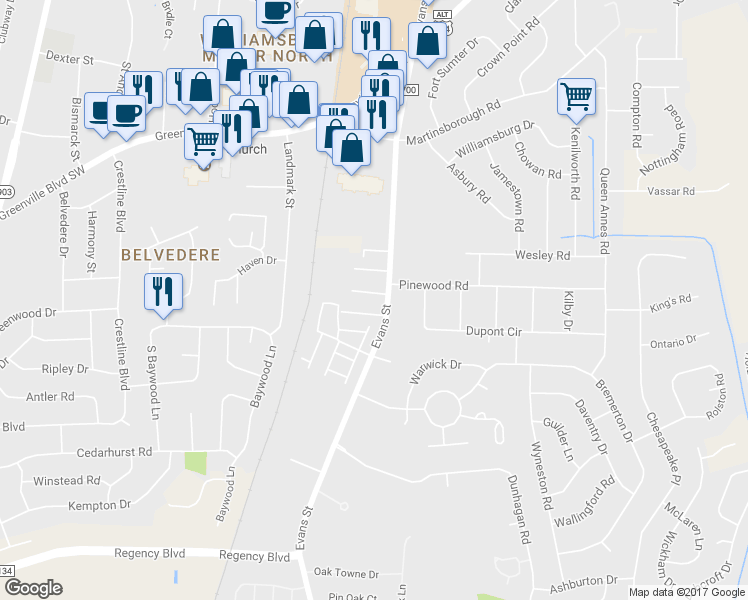 map of restaurants, bars, coffee shops, grocery stores, and more near 103 Sara Lane in Greenville