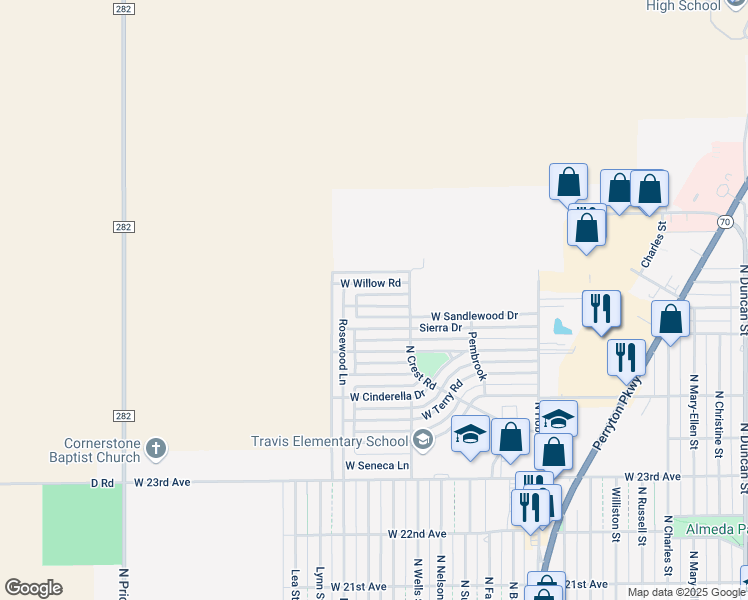 map of restaurants, bars, coffee shops, grocery stores, and more near 1107-1141 West Sandlewood Drive in Pampa