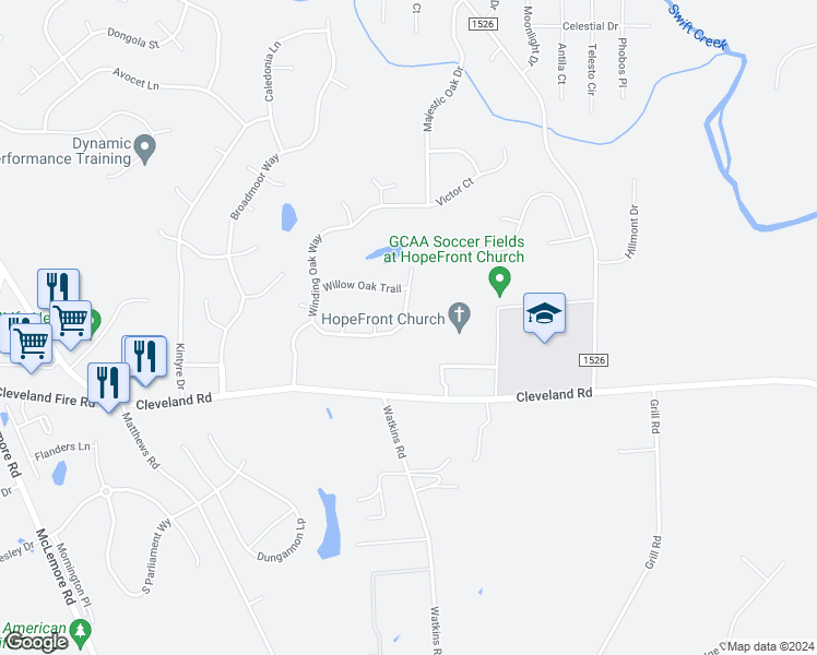map of restaurants, bars, coffee shops, grocery stores, and more near 684 Winding Oak Way in Clayton