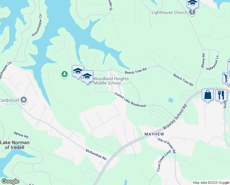 map of restaurants, bars, coffee shops, grocery stores, and more near Forest Lake Boulevard in Mooresville