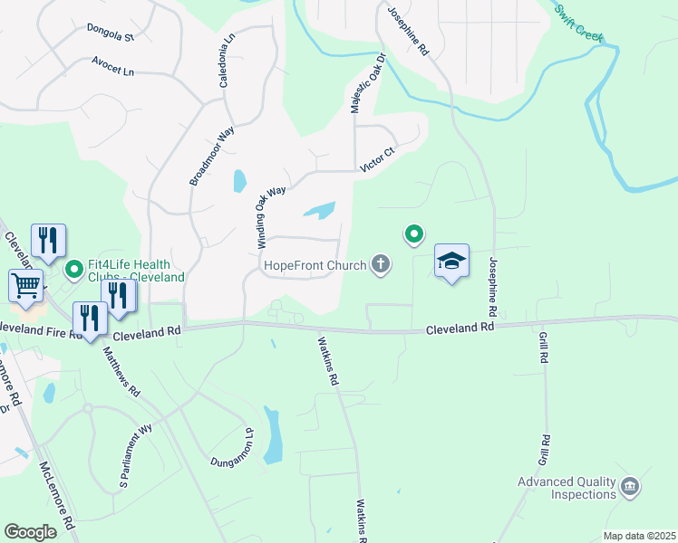 map of restaurants, bars, coffee shops, grocery stores, and more near 684 Winding Oak Way in Clayton
