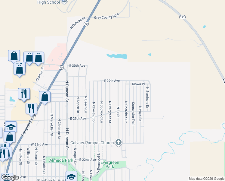 map of restaurants, bars, coffee shops, grocery stores, and more near 2612 Evergreen Street in Pampa