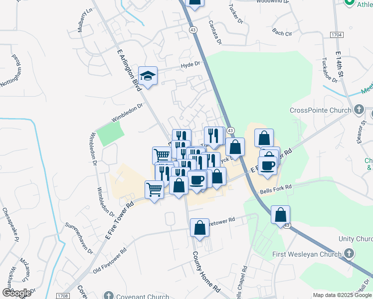 map of restaurants, bars, coffee shops, grocery stores, and more near Turnbury Drive in Greenville