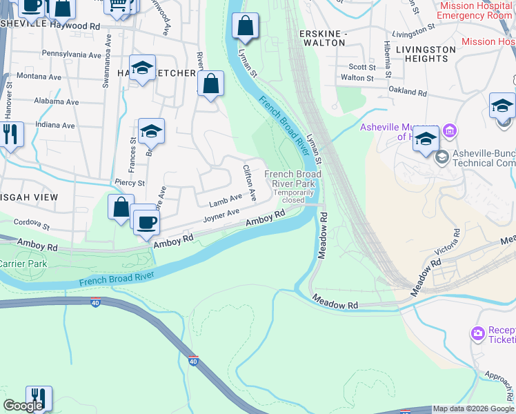 map of restaurants, bars, coffee shops, grocery stores, and more near 49 Joyner Avenue in Asheville