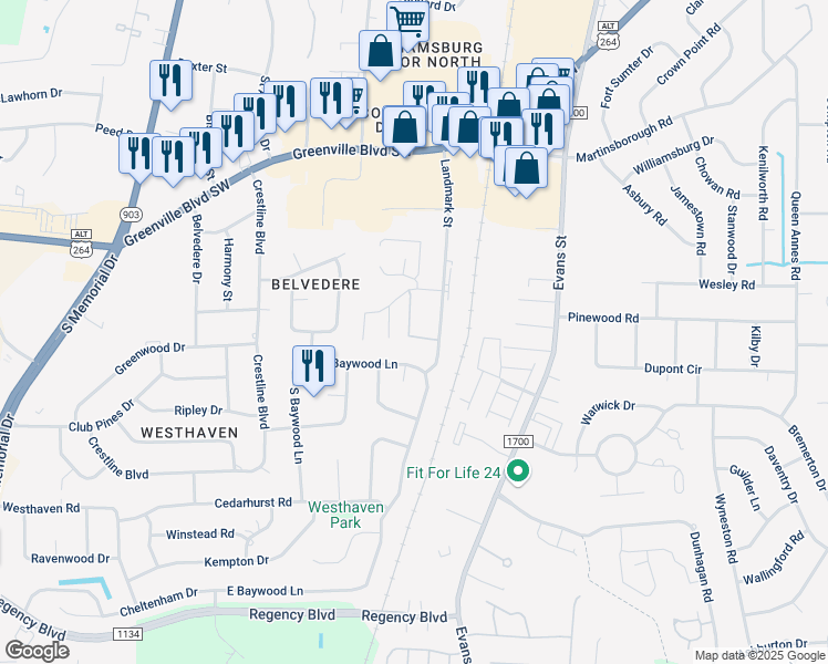 map of restaurants, bars, coffee shops, grocery stores, and more near 324 Haven Drive in Greenville