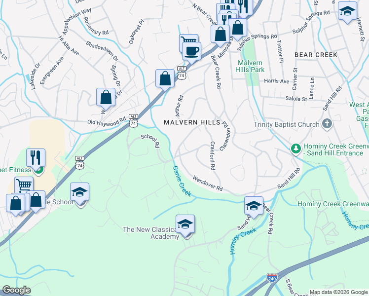 map of restaurants, bars, coffee shops, grocery stores, and more near 99999 Wendover Road in Asheville