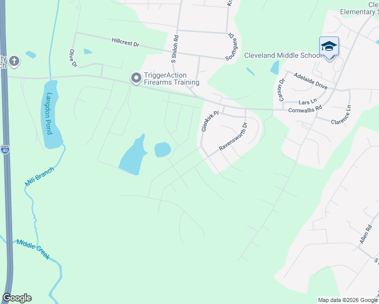 map of restaurants, bars, coffee shops, grocery stores, and more near 348 Glenkirk Pl in Garner