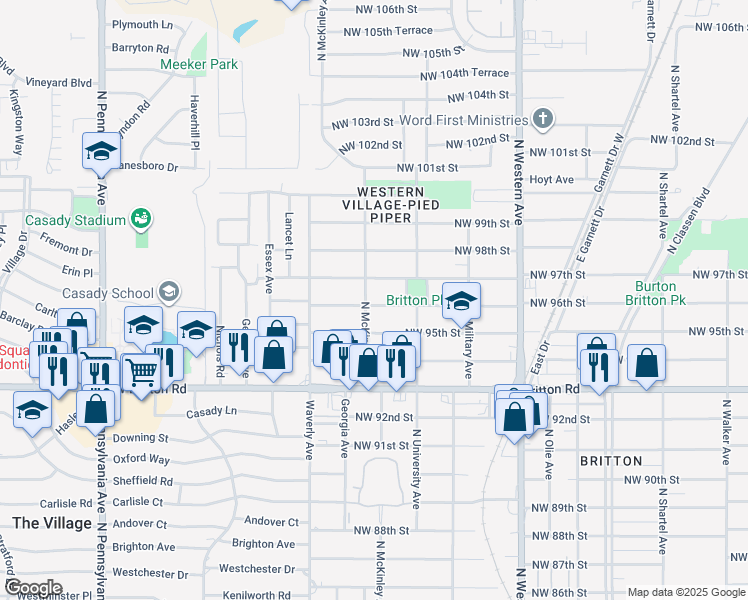 map of restaurants, bars, coffee shops, grocery stores, and more near 1337 Northwest 95th Street in Oklahoma City